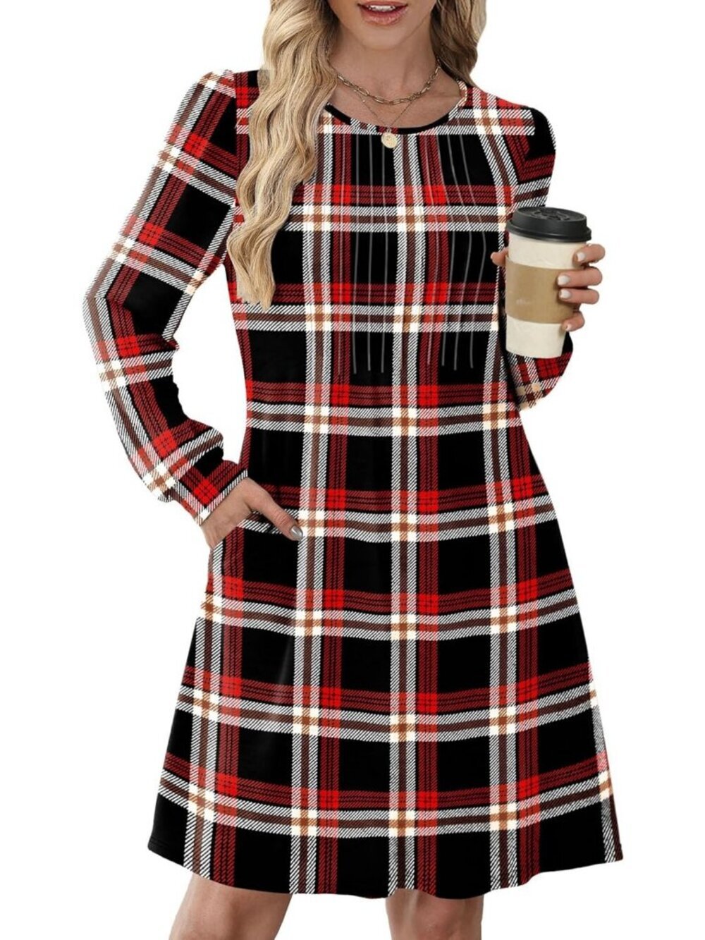 Women's Black Red Plaid Crew Neck Pockets Fall Baby Doll Sweater Mini Dress - Picture 2 of 5